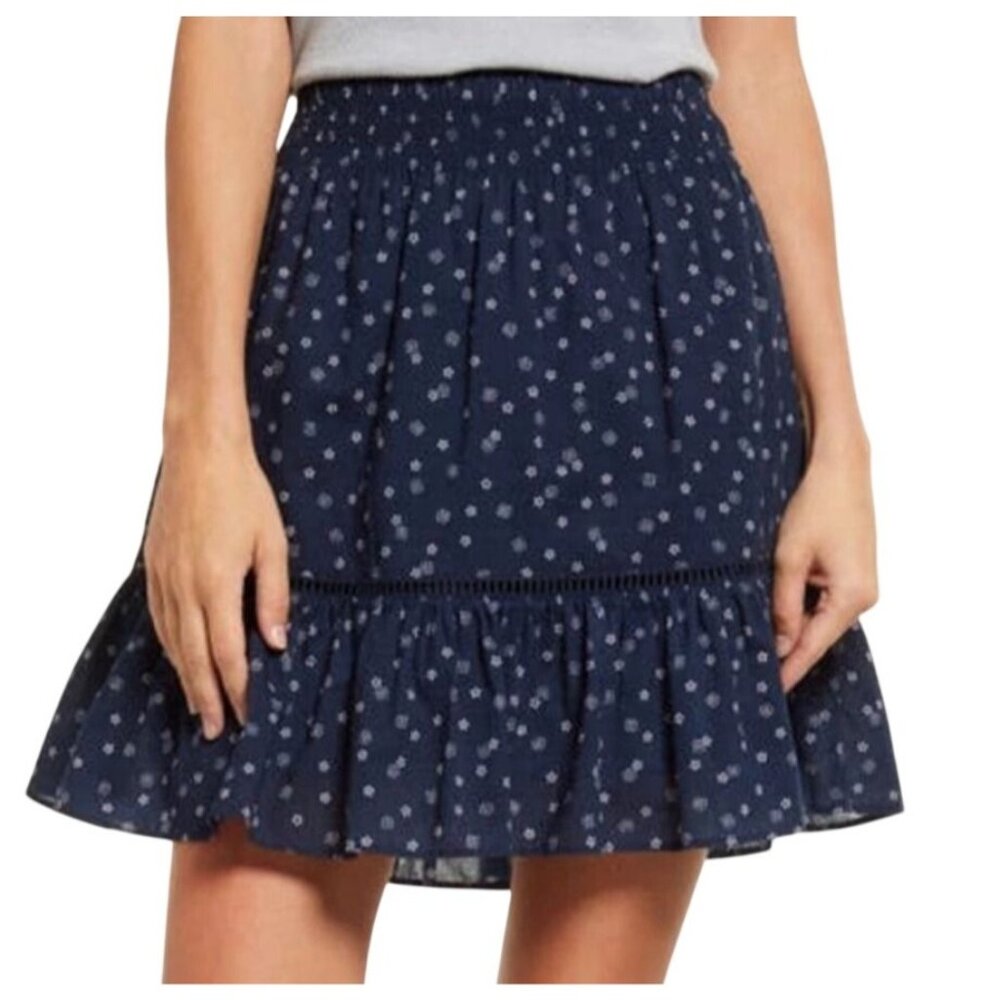 Madewell Womens Smocked Waist Ruffle Mini Skirt Size XS Navy Blue Lined Floral